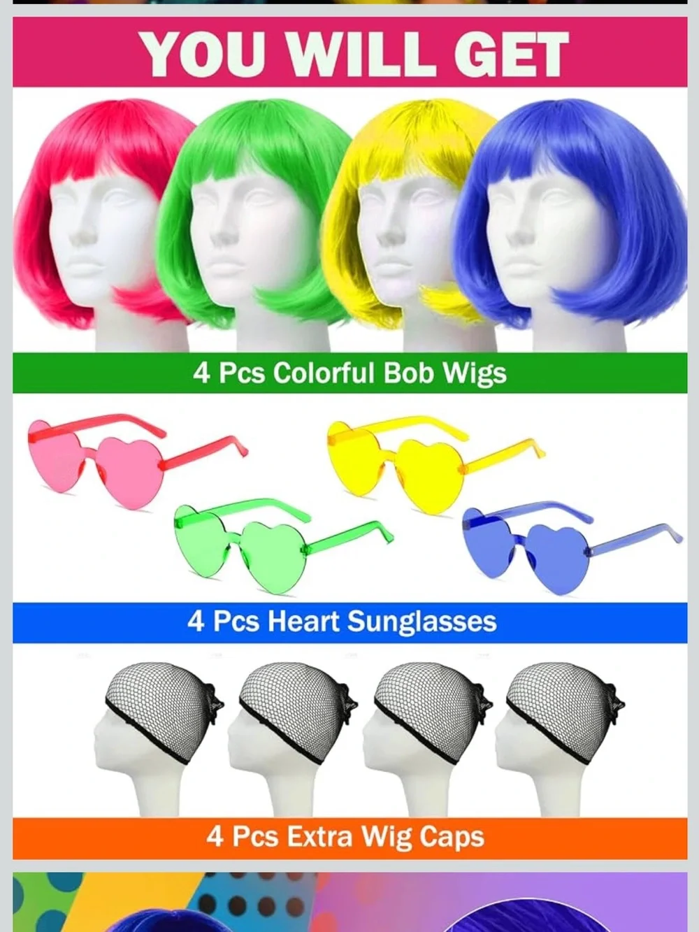 Colorful Party Wig and Heart Sunglasses Set - Blue, Yellow, Pink, Green